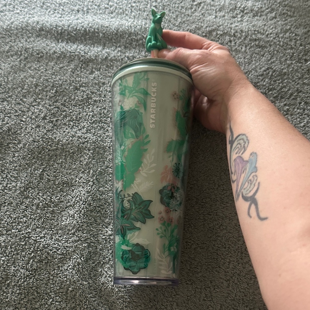 Starbucks Cream and Green Floral Tumbler with Green Fox Lid